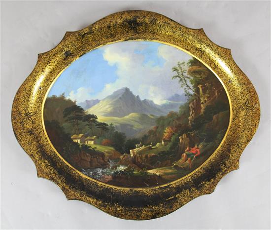 A Victorian papier mache serpentine tray, 28 x 33in.